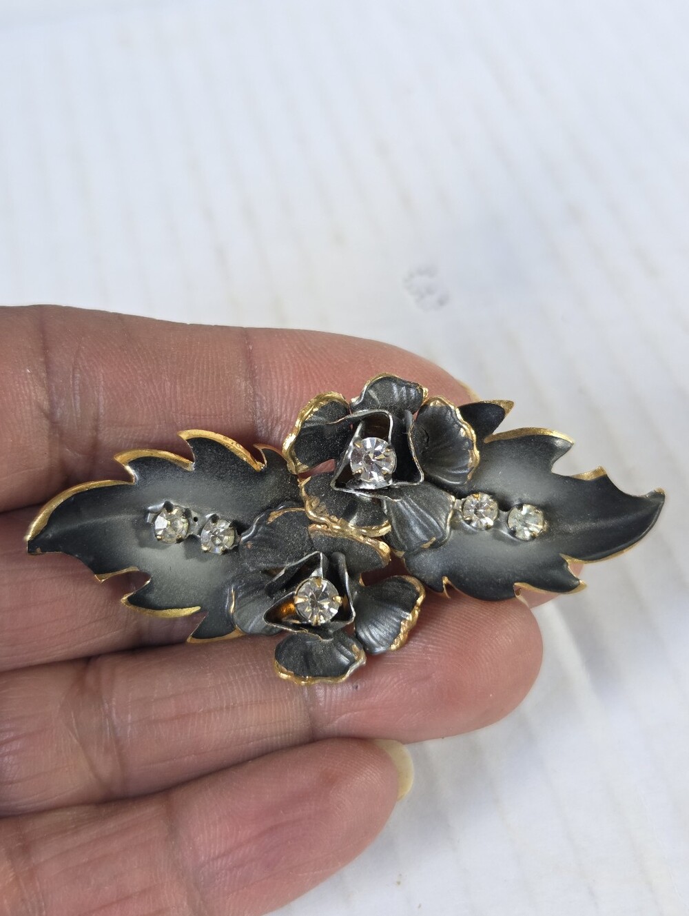 Vintage 50s Mid-Century Matte Black Enamel and Rhinestone Floral Spray Brooch